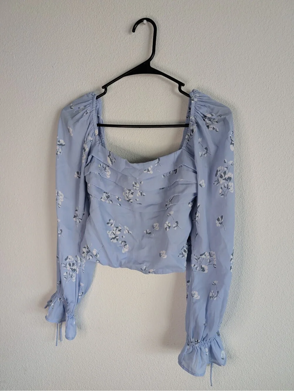 Blue Floral Smocked Crop Top Long Sleeve XS